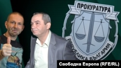 Колаж с Мартин Божанов - Нотариуса (вляво) и Петьо Петров - Еврото на фона на герба на прокуратурата.