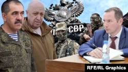 Колаж с руския зам.-министър на отбраната Юнус-Бек Евкуров (вляво), починалия основател на "Вагнер" Евгений Пригожин (до него) и Денис Павлов (вдясно). 
