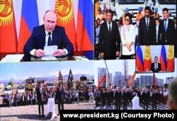 Бишкек, Баткен, Караколдо Орусия каржылаган үч мектептин курулушуна капсула салуу учурунда тартылган сүрөт. Эки өлкөнүн президенттери ага онлайн катышкан. 1-сентябрь, 2023-жыл