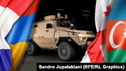Бронеавтомобиль Bastion и флаги Франции, Армении, Грузии и Азербайджана (коллаж)
