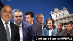 Колаж на Свободна Европа на лидерите на ГЕРБ - Бойко Борисов, ДПС - Делян Пеевски, ПП - Кирил Петков, "Възраждане" - Костадин Костадинов, БСП - Корнелия Нинова, ИТН - Тошко Йорданов и "Величие" - Николай Марков