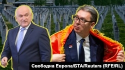 Колаж със снимки на служебния премиер на България Димитър Главчев и президента на Сърбия Александър Вучич на фона на гробни паметници в Сребреница, Босна и Херцеговина