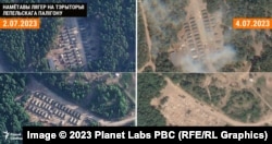 Дэмантаж намётавага лягера на тэрыторыі Лепельскага палігону. Зьлева — здымак 2 ліпеня 2023 году, справа — 4 ліпеня 2023 году