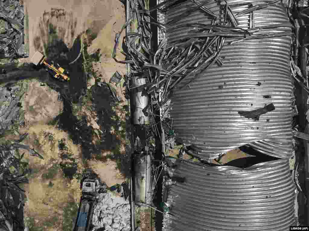 An aerial view of the destroyed storage structure. Ukrainian President Volodymyr Zelenskiy said the Russian strikes had "deliberately" targeted sites in the Odesa region that are used to export grain. &nbsp;