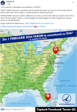 Reclama pe care publicat-o TAROM, pe pagina sa de Facebook și pe pagina de internet a companiei.