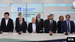 Пресконференция на ПП-ДБ на 19 март 2024 г. От ляво на дясно: Кирил Петков, Николай Денков, Атанас Атанасов, Христо Иванов, Асен Василев