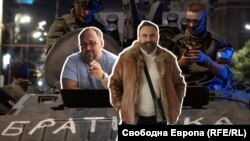 Колаж със снимки на Романос Ветридис (вляво) и Такис Трикидис на фона на наемници от ЧВК "Вагнер".