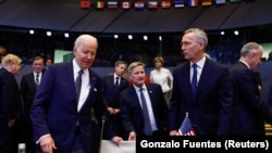 Американският президент Джо Байдън и главният секретар на НАТО Йенс Столтенберг на извънредна среща на алианса във връзка с руската инвазия в Украйна. 24 март, 2022.