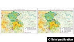 На карте, отражающей положение на 24 марта 2022 года, в зоне ответственности миротворческого контингента РФ в Нагорном Карабахе нет азербайджанских позиций, а на карте, отражающей положение на 09:00 29 марта 2022 года, видно, что в зоне ответственности миротворческого контингента РФ в Нагорном Карабахе уже размещены азербайджанские позиции (на обеих картах контур зоны ответственности миротворческого контингента РФ взят с сайта Минобороны РФ).
