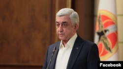 Armenia - Former President Serzh Sarkisian speaks at the headquarters of his Republican Party, Yerevan, April 14, 2025.