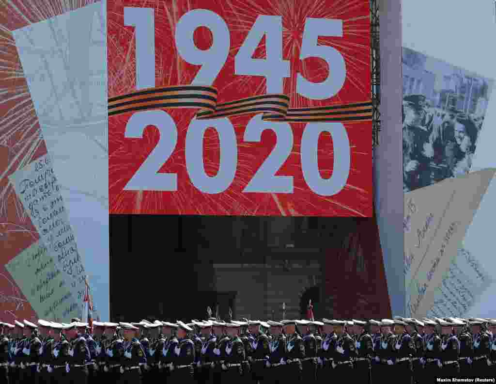 The parade commemorated the 1945 defeat of Nazi Germany in World War II.