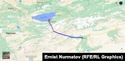 Кытайдын Аксу уездинен Кыргызстандын Барскоон аймагына чейинки аралык. Жол курулат деген аймактын болжолдуу чиймеси.