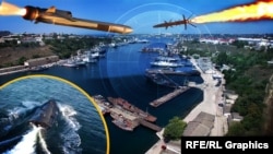 Ракетная атака на военно-морскую базу Черноморского флота России в Севастополе. Коллаж