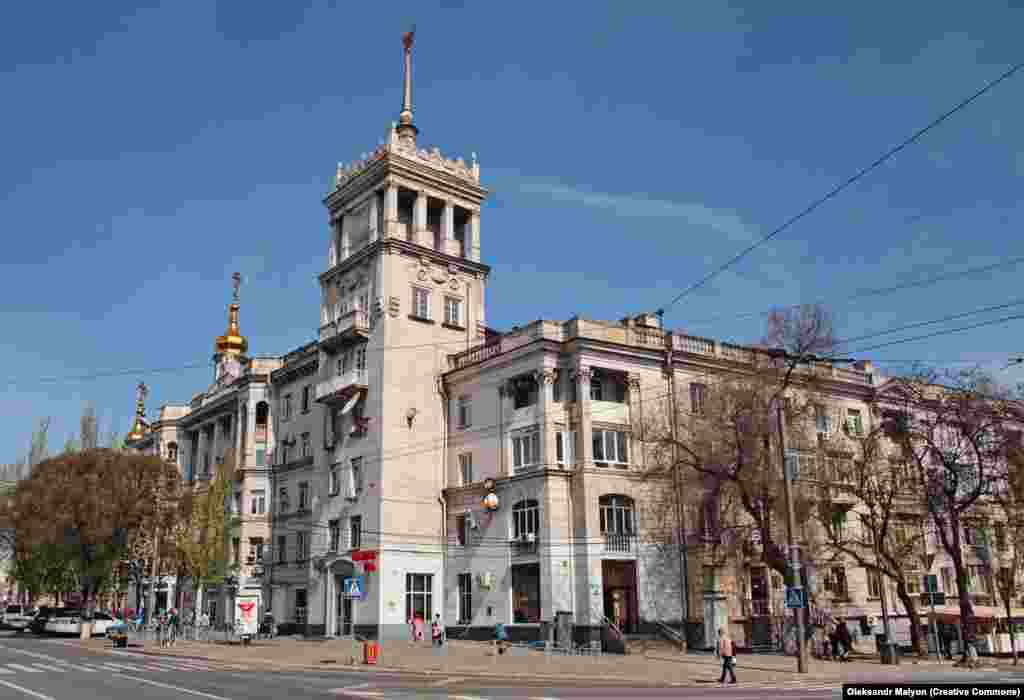 One of two historic "spire houses" in the center of Mariupol, photographed in May 2021.&nbsp;