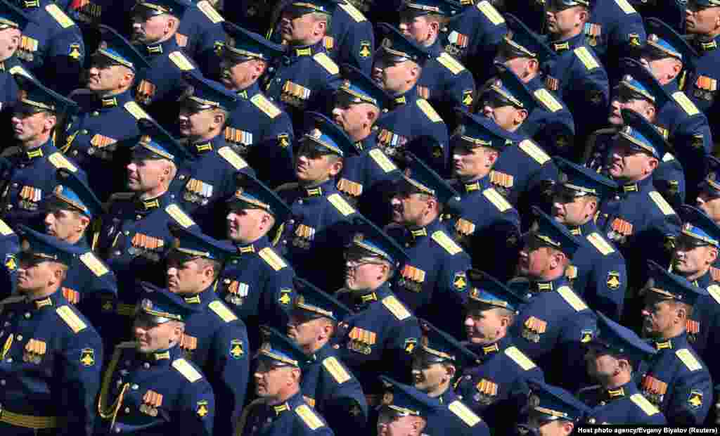 Russian servicemen line up for the Victory Day parade.