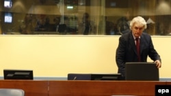Former Bosnian Serb leader Radovan Karadzic in the courtroom of the International Criminal Tribunal for the former Yugoslavia
