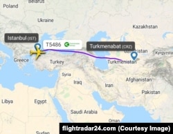 Рейс Т5486, которым, по утверждению источников, сотрудники МНБ Туркменистана вернулись из Стамбула, приземлился в Туркменабаде в 3:21 утра по местному времени (информация Flightradar)