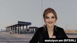 Armenia - A photo of former Vagharshapat Mayor Diana Gasparian juxtaposed against a view of a gas station owned by her father-in-law.