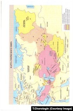 "Жалпы Түрк тарыхы" окуу китебиндеги "Түрк дүйнөсүнүн картасы". 2019.