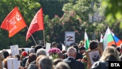 Хора носят транспаранти със символа Z по време на честването на 9 май в София.