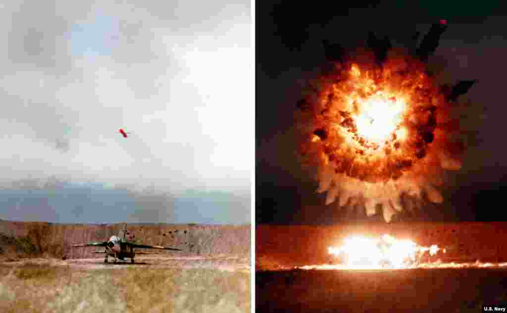 На этом коллаже видно, как "Томагавк" взрывается над самолетом во время испытаний в 1986 году. Ракета длиной 5,5 метров оснащена боеголовкой весом почти полтонны и может пролететь около 1600 километров