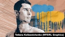 Богдан Зиза на фоне здания, облитого синей и желтой краской. Коллаж