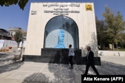 The entrance to the Holy Virgin Mary subway station where a statue of Mary awaits its unveiling for its official opening ceremony.