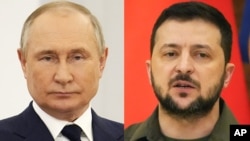 Președintele rus Vladimir Putin (stânga) și președintele ucrainean Volodimir Zelenski (colaj din arhiva RFE/RL).