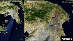Imagini din satelit cu incendii de vegetație în Grecia pe 12 august 2024.