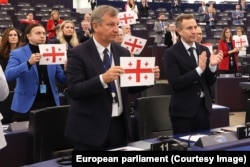 Mai mulți europarlamentari și-au arătat susținerea pentru Zurabișvili, ridicând steagul georgian. Strasbourg, 18 decembrie.