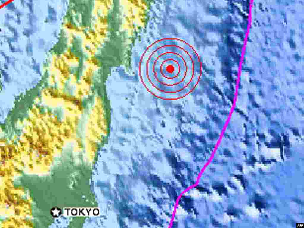 Japan--The massive 8.8 magnitude earthquake that struck off Japan, fragmant, 11Mar2011 - Эта карта, полученная из Геологической службы США (USGS) иллюстрирует землетрясение магнитудой 8,8-8,9  у берегов Японии в пятницу, 11 марта 2011 года. AFP PHOTO / USGS