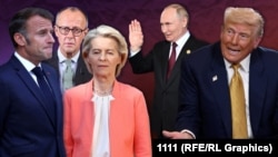 ԱՄՆ, Ֆրանսիայի և ՌԴ նախագահներ Դոնալդ Թրամփ, Էմանյուել Մակրոն, Վլադիմիր Պուտին, Եվրահանձնաժողովի նախագահ Ուրսուլա ֆոն դեր Լայեն, Գերմանիայի կանցլեր Ֆրիդրիխ Մերց, կոլաժ