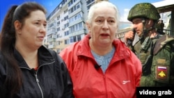 Фотоколаж: Олена та Світлана Колісниченко, власниці нерухомості в Криму, їхній будинок та російський військовослужбовець