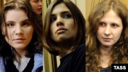 A combo photo of Yekaterina Samutsevich (left), Nadezhda Tolokonnikova, and Maria Alyokhina