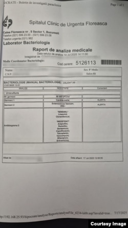 Analizele de la Spitalul Floreasca care arată că pacienta Lavinia Vlad a fost infectată cu candida auris, o bacterie extrem de periculoasă.