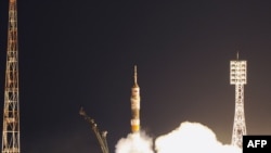 The Russian Soyuz rocket blasting off from Kazakhstan's Baikonur launching pad on April 5.