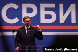 Predsednik Srbije Aleksandar Vučić na skupu u Beogradu.