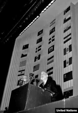 Адам укуктарынын жалпы декларациясынын долбоорун жазгандардын бири, профессор Рене Семуэль Кассен (Франция) БУУнун Башкы ассамблеясынын үчүнчү жыйынында сүйлөөдө. Париж, 10-декабрь, 1948-жыл.