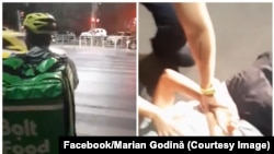 Livrator agresat fizic și verbal de un tânăr de 20 de ani, în București, pe 26 august 2025. Capturi dintr-un videoclip publicat de polițistul Marian Godină.