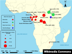 Карта случаев заболевания лихорадкой Эбола в Африке с 1979 по 2008 год.