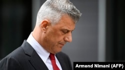 Former Kosovar President Hashim Thaci reacts during a press conference in Pristina on November 5.