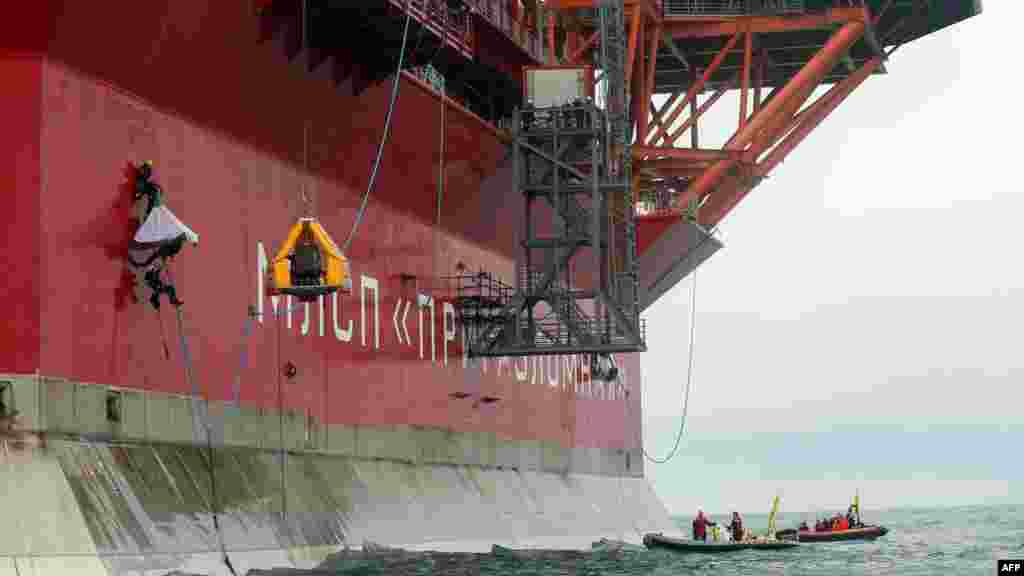 Russia -- Greenpeace activists board Gazprom’s ‘Prirazlomnaya’ Arctic oil platform somewhere off Russian north-eastern coast in the Pechora Sea, 24Aug2012