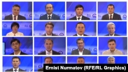 КТРКдан кайрылуу жасаган 16 партиянын лидерлери жана мүчө талапкерлери. Коллажда өкүлдөрдүн сүрөттөрү Борбордук шайлоо комиссиясы чүчү кулактан кийин бекиткен тартип менен жасалды.