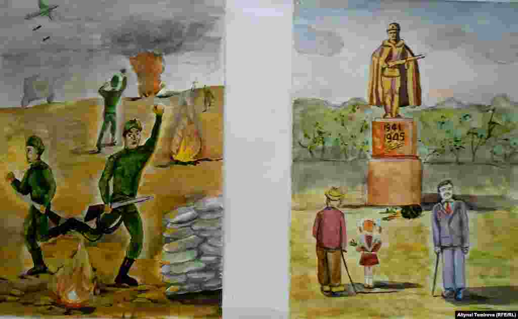 "Майданда" - Алтынай Жусупова тарткан,&nbsp;13 жашта.&nbsp; "Жоокердин эстелиги" - Юлия Жолборс , 12 жашта.&nbsp;