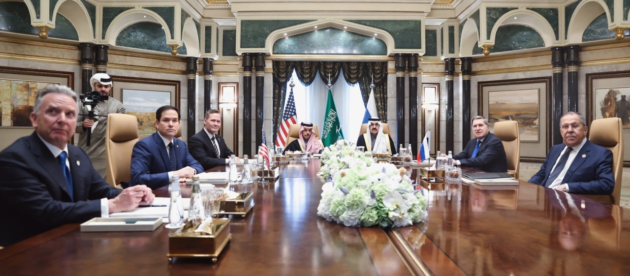 This handout picture taken and released by the Russian Foreign Ministry shows (L-R) US Middle East envoy Steve Witkoff, Secretary of State Marco Rubio, National Security Advisor Mike Waltz, Saudi Arabia's Foreign Minister Prince Faisal bin Farhan al-Saud, National Security Advisor Mosaad bin Mohammad al-Aiban, the Russian president's foreign policy advisor Yuri Ushakov, and Russia's Foreign Minister Sergei Lavrov attending a meeting together at Riyadh's Diriyah Palace on February 18, 2025. Russia told the United States in talks on February 18 that it opposed any NATO member sending troops to Ukraine as part of a ceasefire, Moscow's foreign minister said.