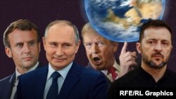Еманюел Макрон, Владимир Путин, Доналд Тръмп, Владимир Зеленски. Колаж.