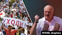 Բելառուսի նախագահ Ալեքսանդր Լուկաշենկոն, նրա հեռացումը պահանջող ցուցարարները, կոլաժ