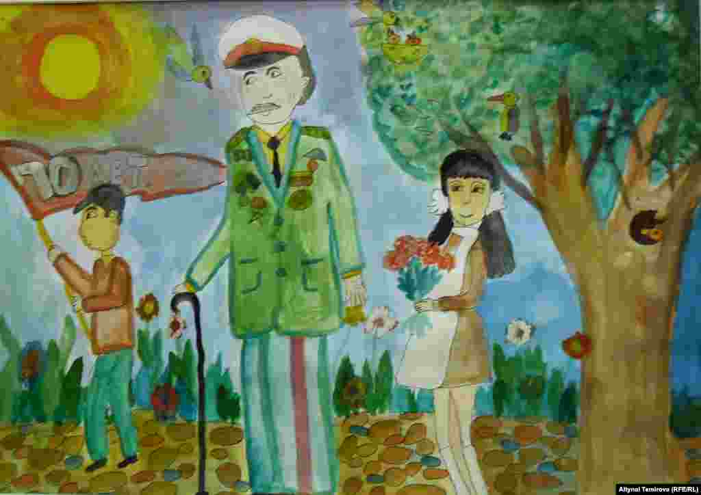 Эң кенже катышуучу - Камила Эсенаманова , 5 жашта, сүрөтү "Жеңиш күнү" деп аталат.