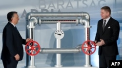 უნგრეთის პრემიერ-მინისტრი ვიქტორ ორბანი (marcxniv) და მისი სლოვაკი კოლეგა რობერტ ფიცო სლოვაკეთსა და უნგრეთს შორის მილსადენის გახსნის ცერემონიაზე, 2015 წლის 9 თებერვალი.