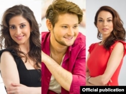 Narguiz Birk-Petersen (left), Eldar (Ell) Gasimov (center), and Leyla Aliyeva are this year's Eurovision hosts.